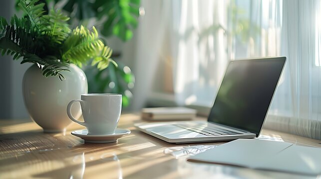 Minimal home-office desk laptop notebook coffee cup houseplan professional corporate office workspace concept high quality business stock photo - Powered by Adobe
