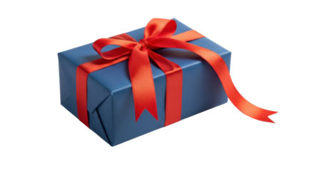 Blue gift box with red ribbon bow on black background image, Isolated On Png Transparent Background