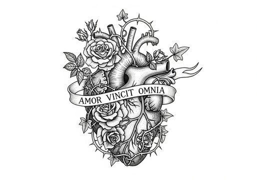 Anatomical human heart tattoo sketch with roses thorns and latin text amor vincit omnia