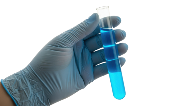 Hand wearing blue glove holding test tube with glowing blue liquid image, Isolated On Png Transparent Background - Powered by Adobe