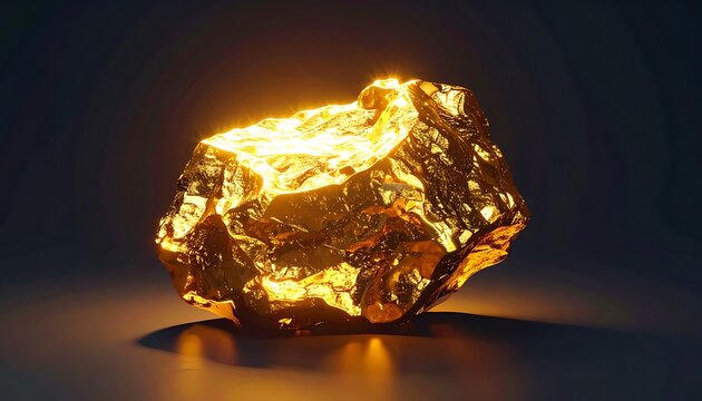A gleaming gold nugget rests against a dark background, softly lit from above, creating contrast and highlighting texture