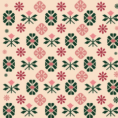 Retro Geometric Floral Seamless Pattern Pink Green Vector for Print & Digital