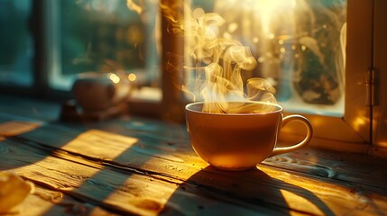 Close-up steaming tea mug wooden windowsill morning light co fresh organic healthy food ingredients culinary background high resolution photo