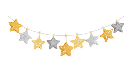Hanging star garland in gold and silver on white background
