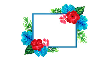 Tropical floral frame with red hibiscus and blue flowers