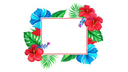 Summer floral frame with red and blue tropical flowers