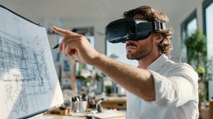 Professional Architect Using Virtual Reality Headset to Analyze Blueprints in Office