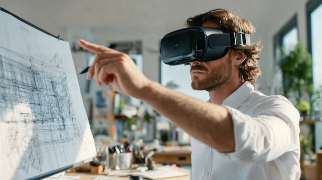 Professional Architect Using Virtual Reality Headset to Analyze Blueprints in Office