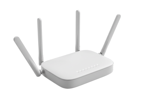 WiFi router modem shown as a modern internet device setup with clean detailing, isolated on white and transparent background, PNG asset - Powered by Adobe