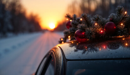 Christmas decorations on the roof of a car driving on a snowy road at sunset