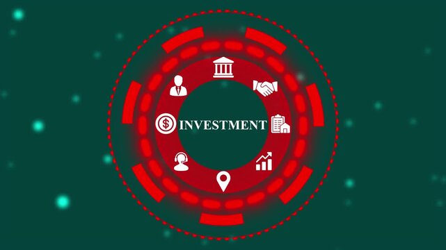 Investment concept with icons for finance, banking, real estate, customer support, business growth, and partnership in a futuristic digital circle interface	
