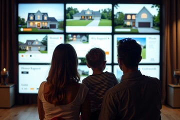 Family viewing multiple real estate listings on digital screens from aerial drone perspective
