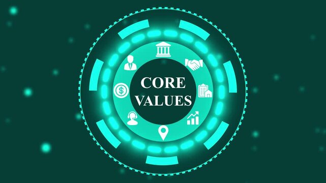 Digital concept of core values displayed in a glowing circular interface with icons representing business, finance, partnership, customer service, and growth on a dark teal background