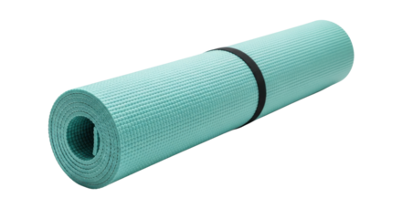 Rolled light blue textured yoga mat with black strap on black background image, Isolated On Png Transparent Background
