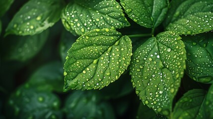 Close-up of dewy green leaves with water droplets ma beautiful scenic outdoor landscape background high resolution nature photography