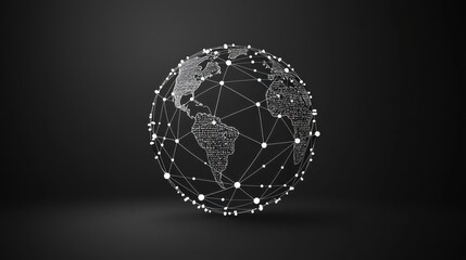 A minimalist black and white illustration of a globe symbol representing global connectivity as a digital icon