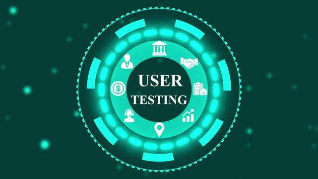 User testing concept with icons in a glowing digital circle on a dark blue background