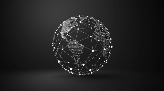 A minimalist black and white illustration of a globe symbol representing global connectivity as a digital icon