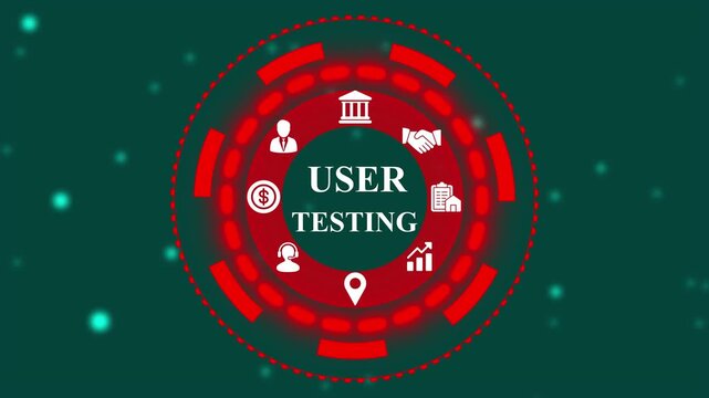 User testing concept with icons in a glowing digital circle on a dark blue background