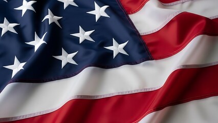 Close up view of a waving american flag with stars and stripes visible