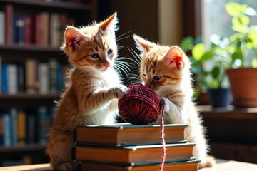 Kittens frolicking with yarn on a stack of old books in a cozy library bathed in sunlight.