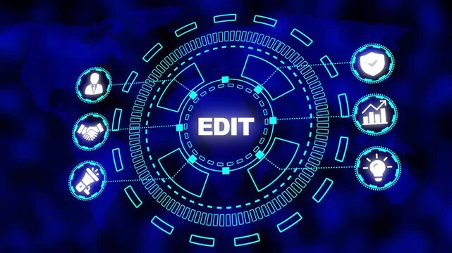 Digital Network Hub with " EDIT" in Center and Business Icons on World Map Background edit editing