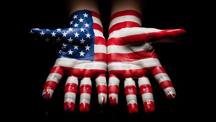 Hands painted with the american flag against a dark dramatic background
