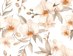 A delicate floral pattern features soft beige orchids and foliage against a clean, white background in watercolor style