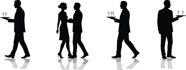 Waiters with champagne, romantic couple silhouette, elegant party scene, black figures, social gathering, reflection floor, formal event, expressive interaction