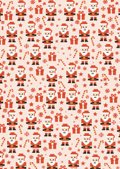 Seamless Christmas pattern featuring cute pixel-style Santa Claus characters, gift boxes, candy canes, stars, and snowflakes in red tones on a soft beige background. Playful festive design
