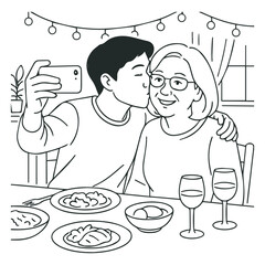 Son Kisses Mother's Cheek During Family Dinner Selfie