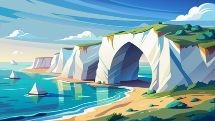 Dramatic white cliffs rising above a peaceful shoreline, featuring a stunning natural sea arch. A serene and iconic coastal landscape known for its breathtaking geological formations