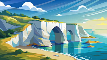 Dramatic white cliffs rising above a peaceful shoreline, featuring a stunning natural sea arch. A serene and iconic coastal landscape known for its breathtaking geological formations