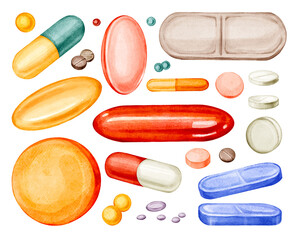 Watercolor hand drawn various colorful pills, tablets, capsules, vitamins isolated on transparent background. Medications, medicines. Vibrant illustrations for medical, health, and wellness