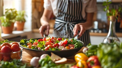 Healthy lifestyle person preparing a colorful salad fresh organic healthy food ingredients culinary background high resolution photo