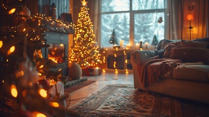 Holiday  festive mood cozy home interior with soft high resolution detailed conceptual stock photo for creative design projects