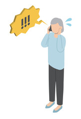 電話からの強い口調に慌てるシニア女性・アイソメトリック