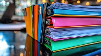 Stacks of color-coded folders on an office desk illustrating document classification and organized data management