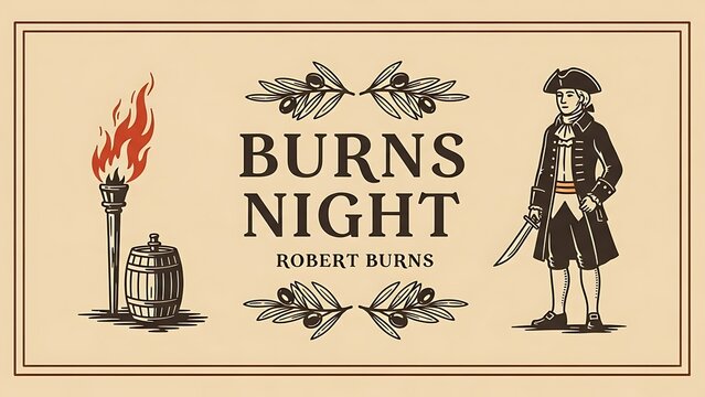 Vintage illustration celebrating burns night and the life of robert burns with traditional imagery
