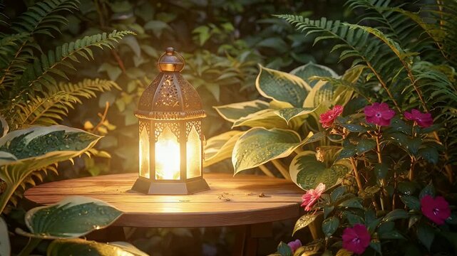 Glowing Ornate Lantern on Garden Table at Dusk
