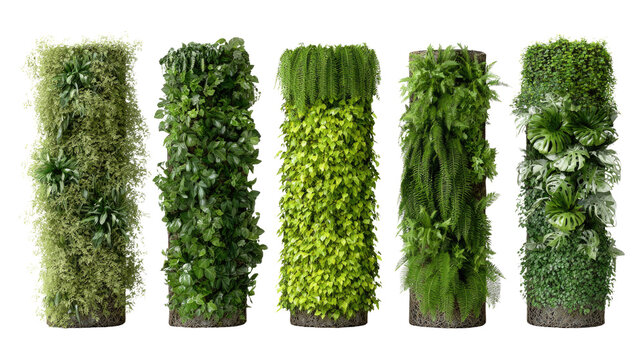 Vertical indoor green plants wall with lush foliage for modern interior decor and eco friendly design isolated on white background