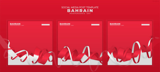 Set of carousel posts background with realistic red white flag ribbons, suitable for Bahrain independence day