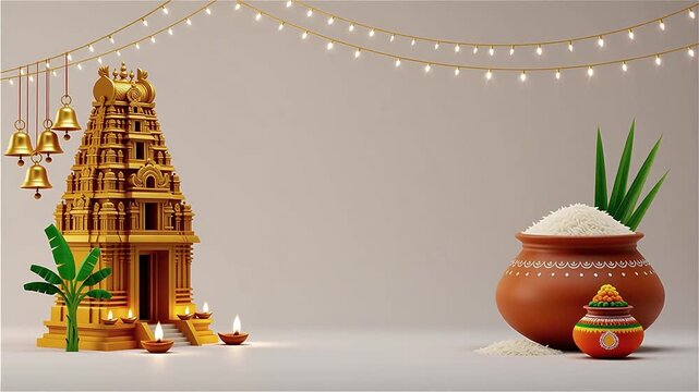 Tamil New Year - Temple Scene with Festive Decorations, Pongal Offering, Indian Culture, Lights.

