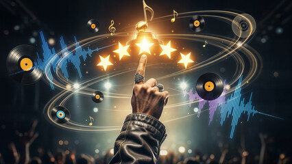 Musical Touch: A hand touches a shimmering musical note in an electrifying concert scene. Evoking energy of performance and artistry.