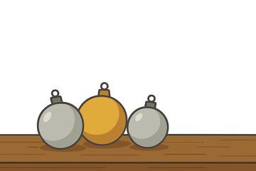 Wooden table space adorned with silver and gold decorative balls against a light orange and light gold bokeh background, designed as a layout for New Year wishes and celebrations, featuring a copy