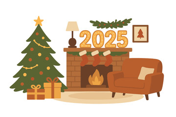 A postcard showcasing 2025 symbols and numbers, depicting a snug Christmas living room adorned with festive decorations and a radiant 2025 sign, created by AI