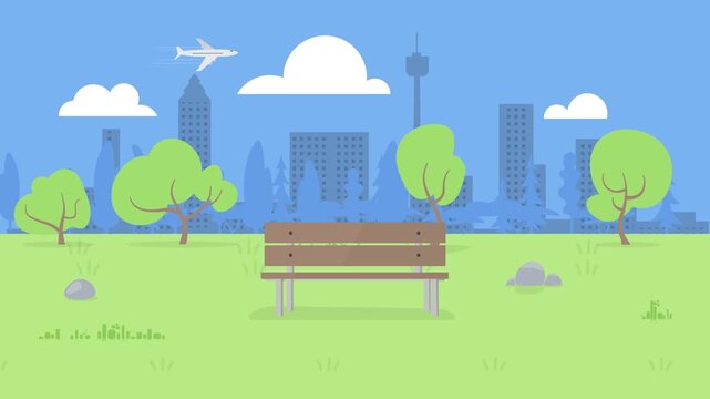 City park with bench and airplane in sky skyline buildings