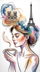 Minimal Line-Art Woman with Paris Landscape Emerging from Coffee Steam