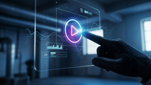 Interactive Interface: An individual's finger elegantly interacts with a digital touch screen. The neon-lit play button is a focal point of this sleek, modern display, enhanced by wave form graphics. - Powered by Adobe