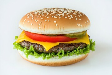 Close-up shot of a classic beef burger with sesame bun isolated